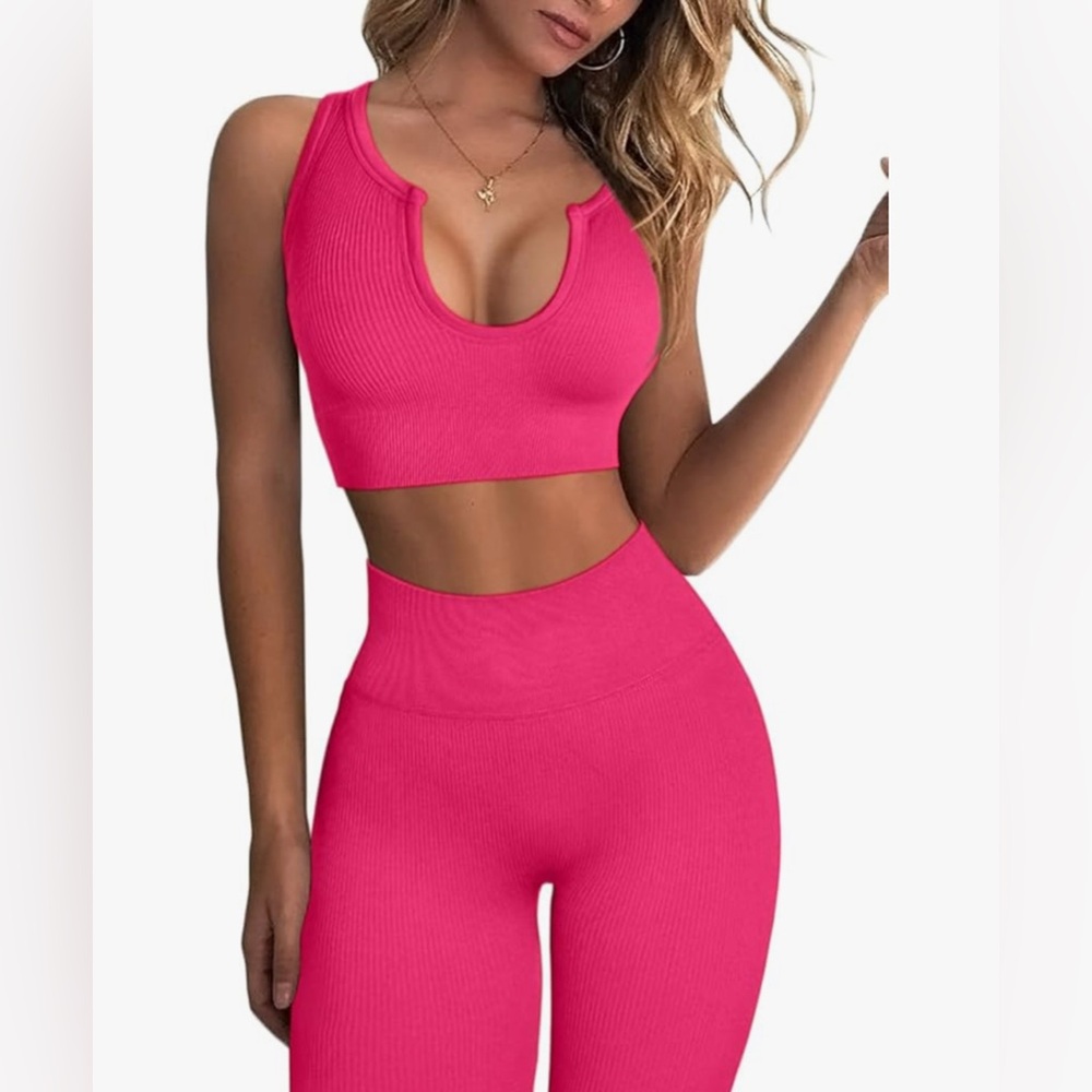 QINSEN 2-Piece Ribbed Seamless Workout Set - Hot Pink, Size Large